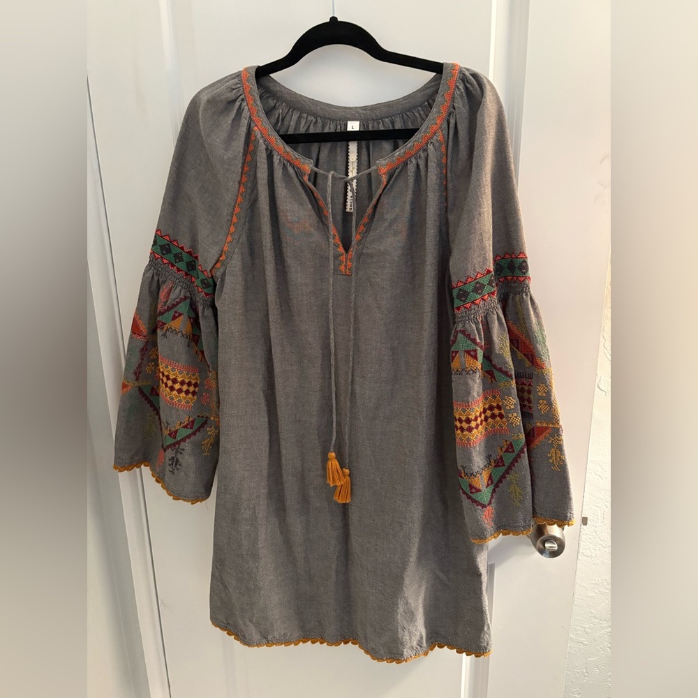 Uncle Frank Gray Long-Sleeve Embroidered Dress with Multicolor Accents Size L